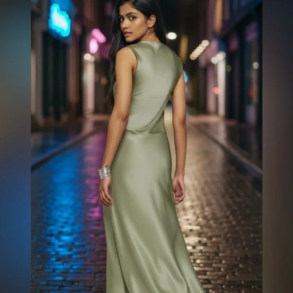 Reformation Satin Maxi Dress Sage Green tag 12 tailored to fit size 10 long - Picture 3 of 11
